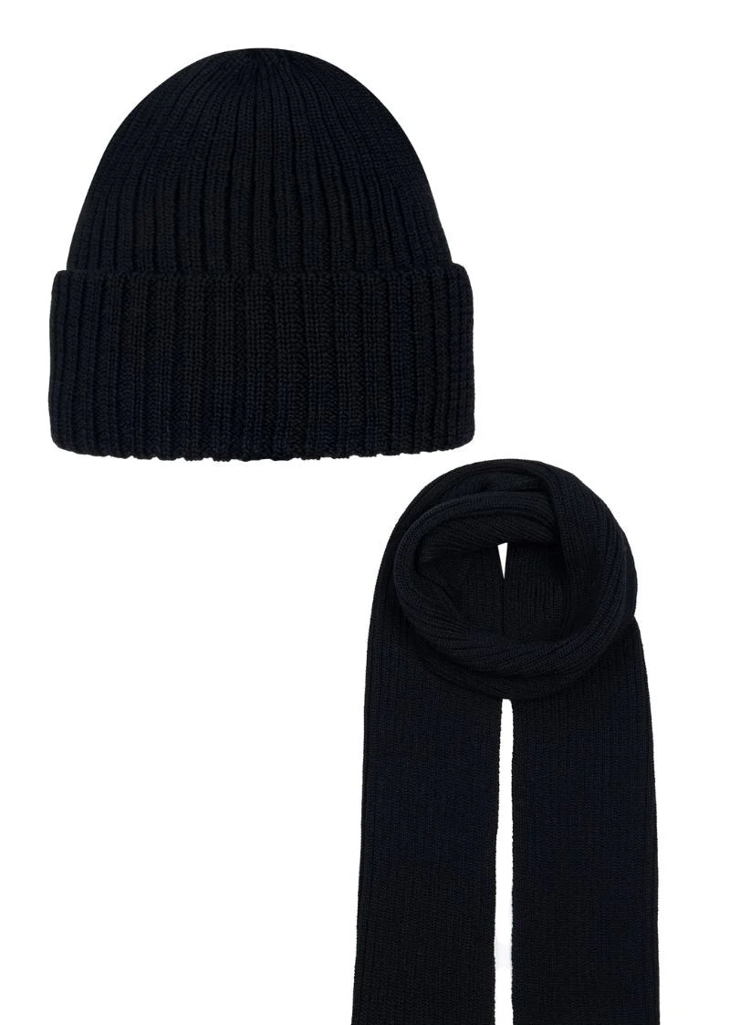 KOMPLET UNISEX CZAPKA Z SZALEM WEŁNIANYM 100% MERINO CZARNY rozmiar 58