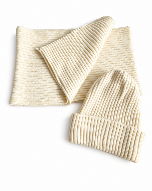 KOMPLET UNISEX CZAPKA Z SZALEM WEŁNIANYM 100% MERINO ECRU rozmiar 58