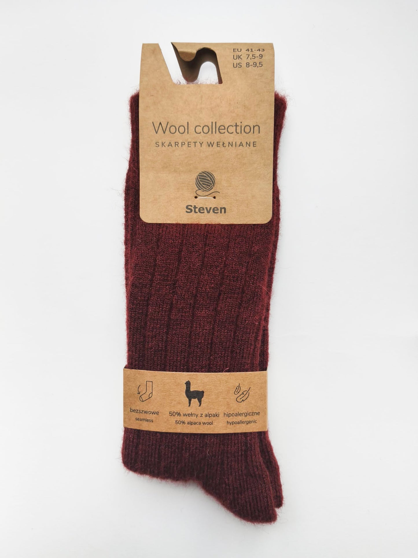 Skarpety z wełny alpaki 41/43 prążek bordo